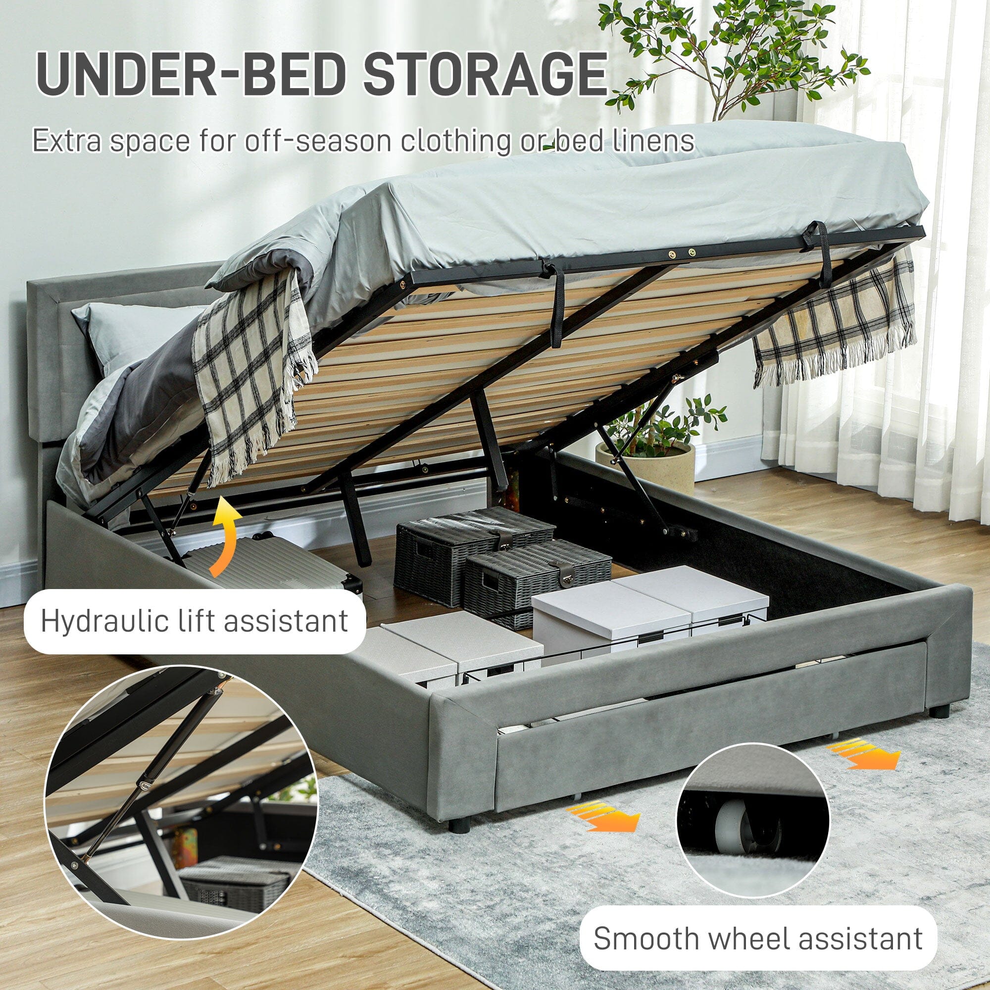 Double Bed Frame with Storage and Adjustable Velvet Headboard Bed Manwatstore