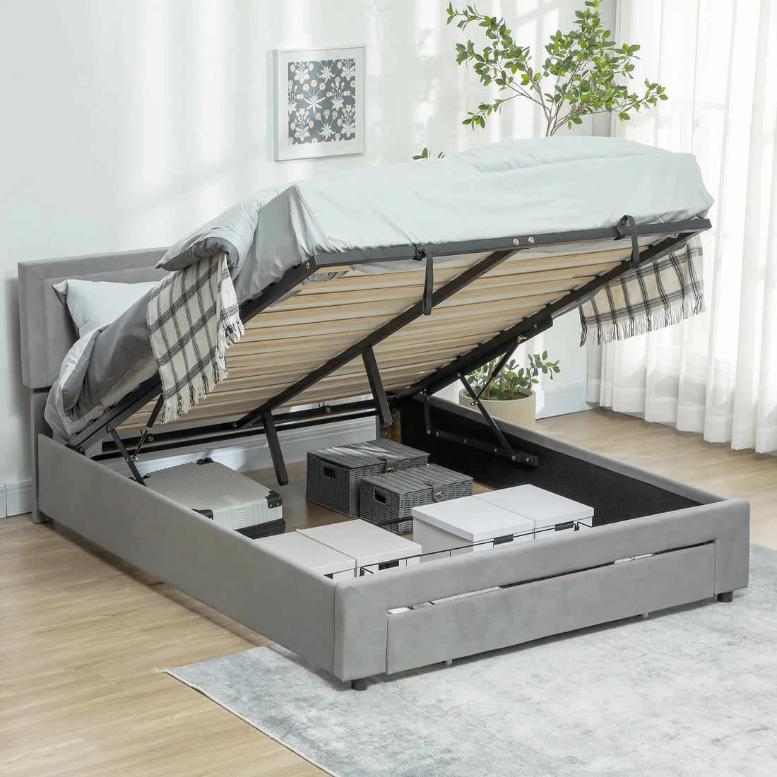 Double Bed Frame with Storage and Adjustable Velvet Headboard Bed Manwatstore