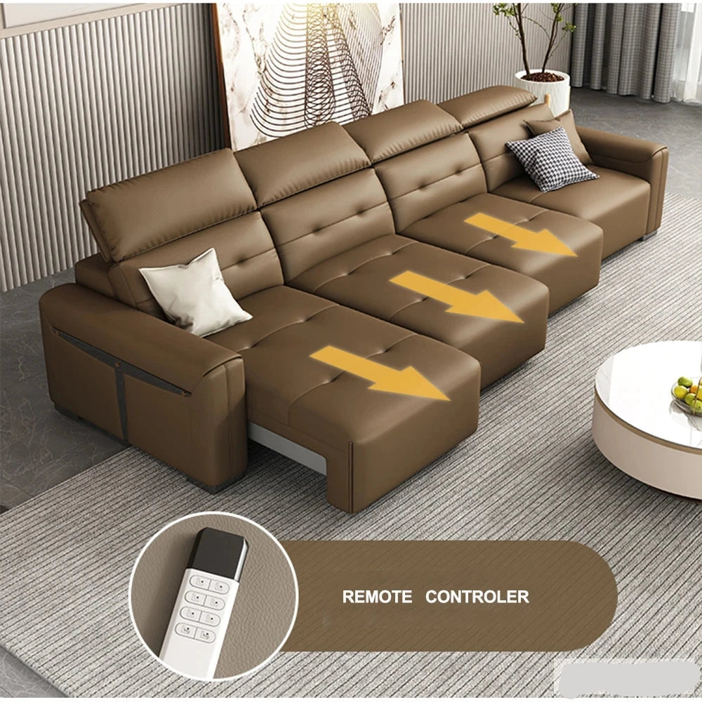 Electric Convertible Leather Sofa Bed with Adjustable Headrest Manwatstore