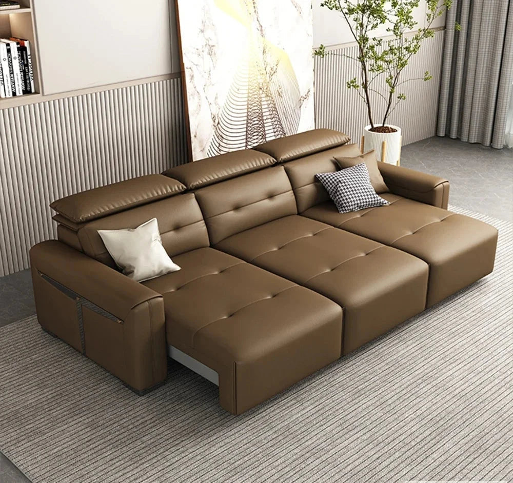 Electric Convertible Leather Sofa Bed with Adjustable Headrest Manwatstore