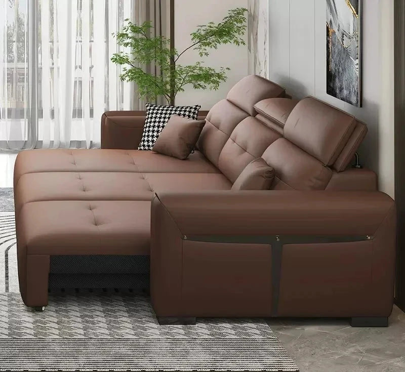 Electric Convertible Leather Sofa Bed with Adjustable Headrest Manwatstore