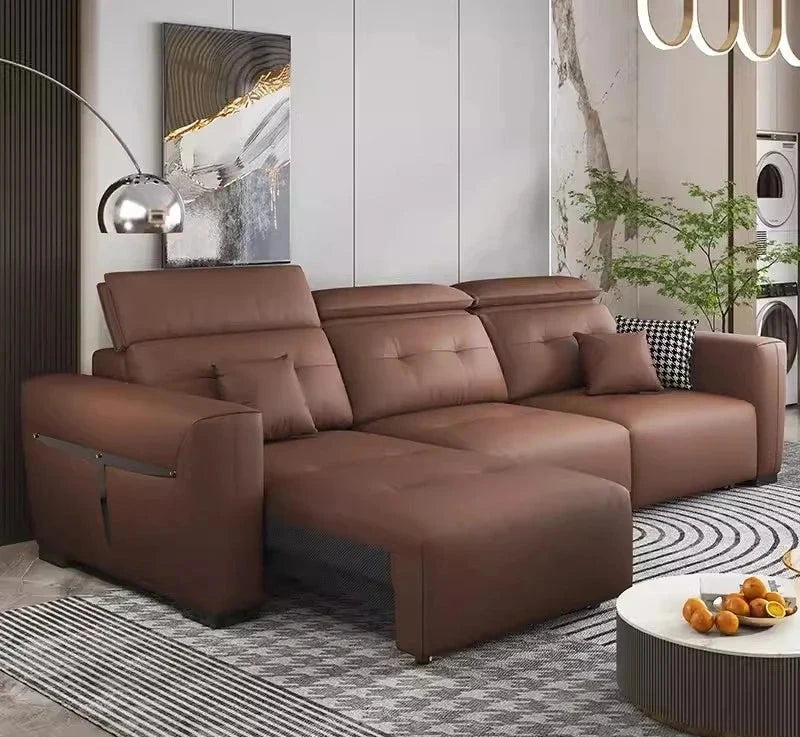 Electric Convertible Leather Sofa Bed with Adjustable Headrest Manwatstore