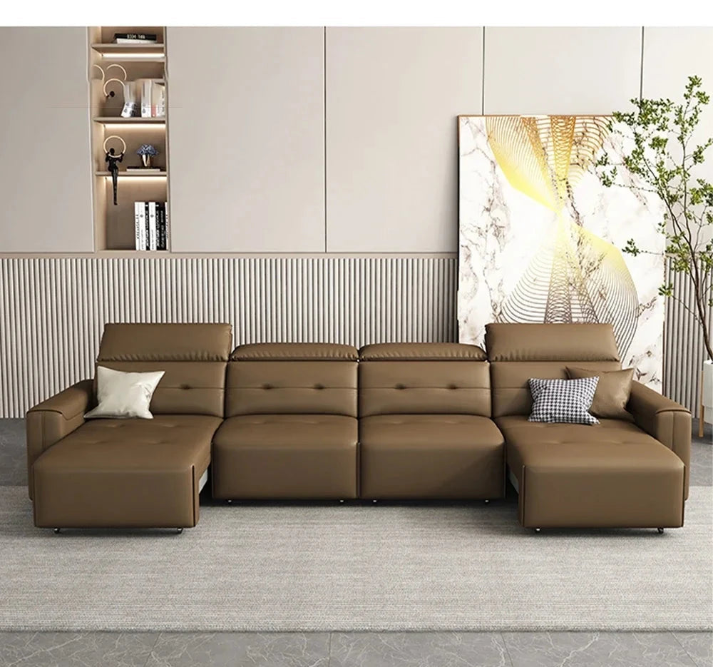 Electric Convertible Leather Sofa Bed with Adjustable Headrest Manwatstore