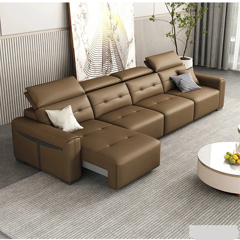 Electric Convertible Leather Sofa Bed with Adjustable Headrest Manwatstore