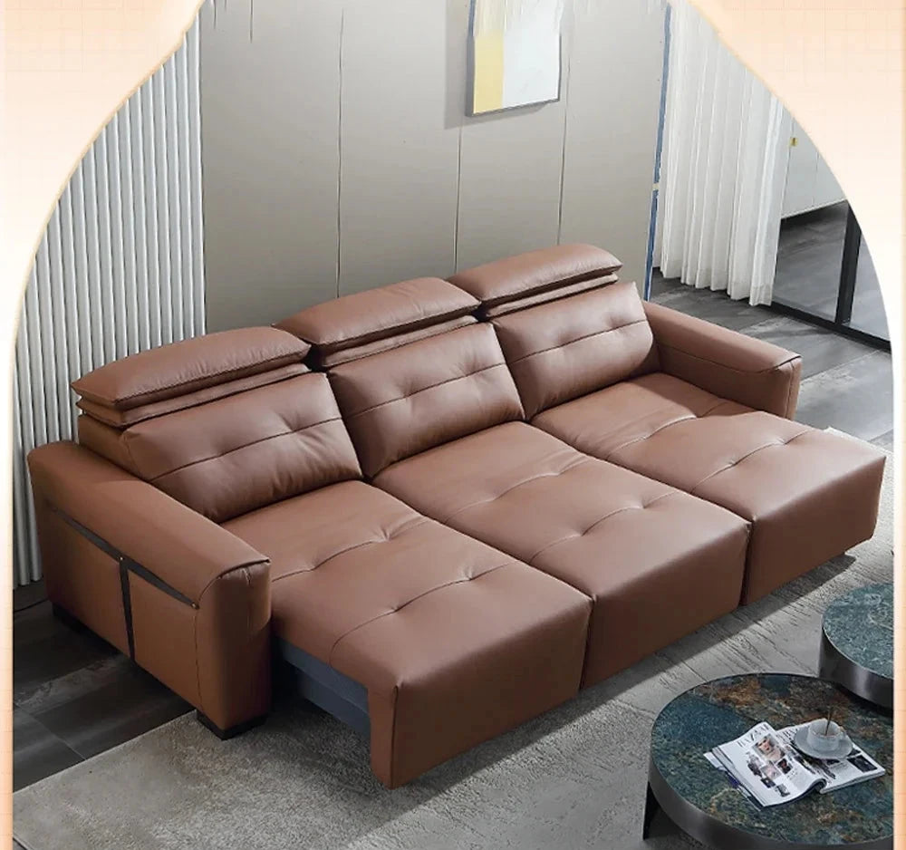 Electric Convertible Leather Sofa Bed with Adjustable Headrest Manwatstore