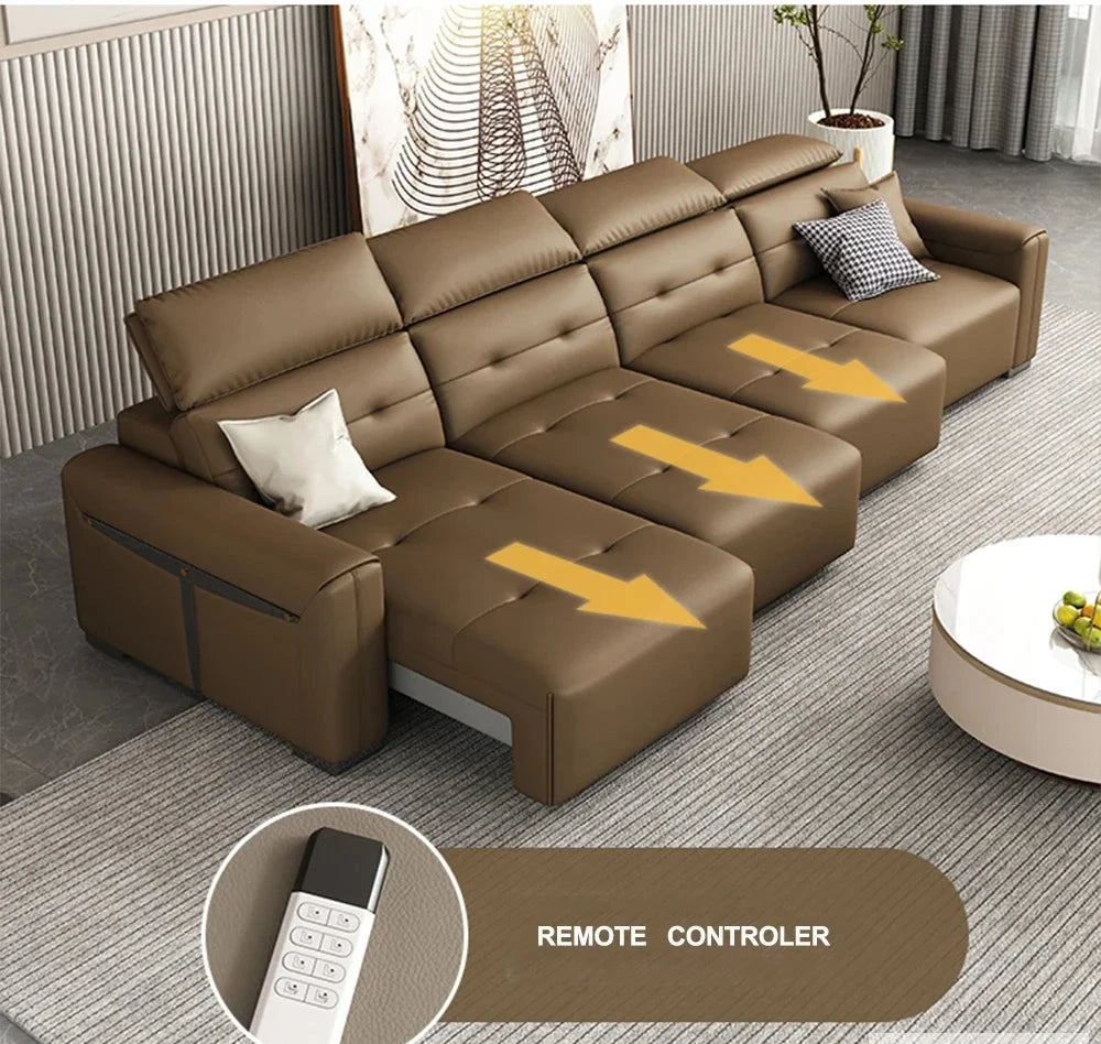 Electric Convertible Leather Sofa Bed with Adjustable Headrest Manwatstore