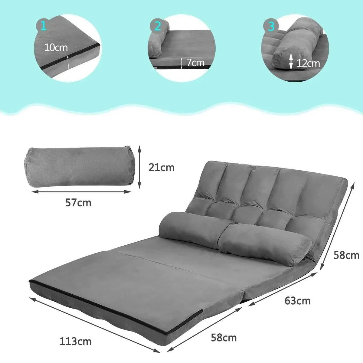 FlexiLounge Folding Floor Sofa Chair with Adjustable Backrest &amp; Pillows Manwatstore