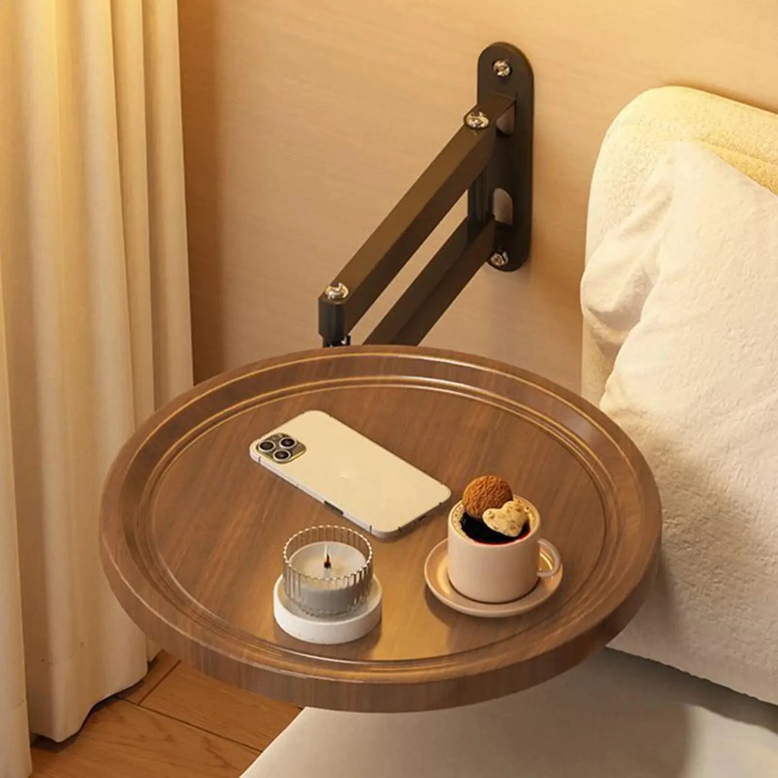 Folding Wall Table For Bed Retractable Wall-Mounted Desk Small Round Desk Wall Mounted tray Rotatable Bedside Storage Holder Manwatstore