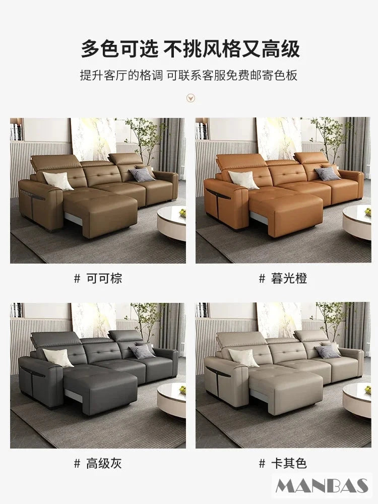 Genuine Leather Electric Convertible Sofa Bed with Adjustable Headrest, Multifunctional Folding Sofa Beds for Cinema Living Room Manwatstore