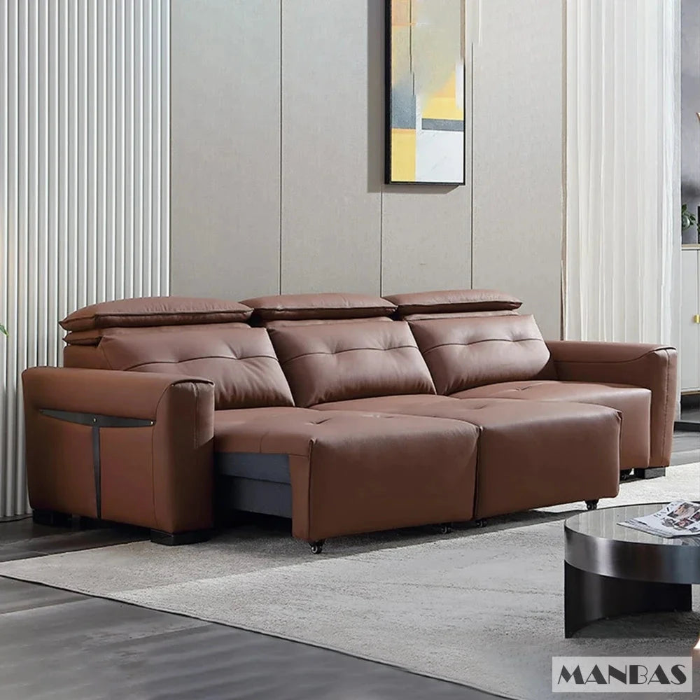 Genuine Leather Electric Convertible Sofa Bed with Adjustable Headrest, Multifunctional Folding Sofa Beds for Cinema Living Room Manwatstore