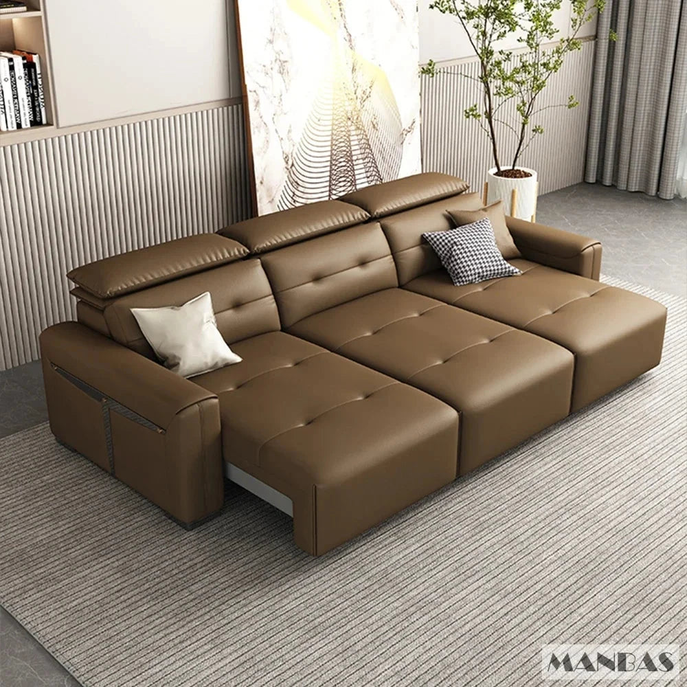 Genuine Leather Electric Convertible Sofa Bed with Adjustable Headrest, Multifunctional Folding Sofa Beds for Cinema Living Room Manwatstore