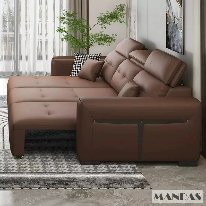 Genuine Leather Electric Convertible Sofa Bed with Adjustable Headrest, Multifunctional Folding Sofa Beds for Cinema Living Room Manwatstore