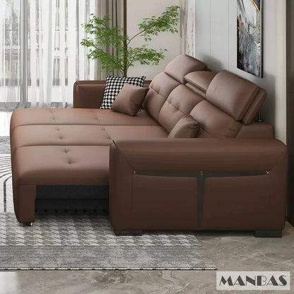 Genuine Leather Electric Convertible Sofa Bed with Adjustable Headrest, Multifunctional Folding Sofa Beds for Cinema Living Room Manwatstore