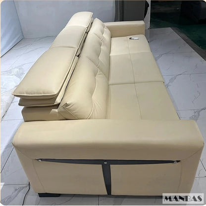 Genuine Leather Electric Convertible Sofa Bed with Adjustable Headrest, Multifunctional Folding Sofa Beds for Cinema Living Room Manwatstore
