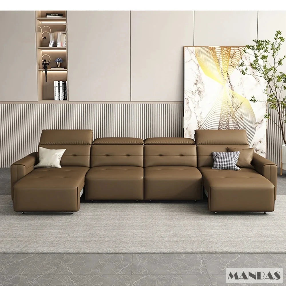 Genuine Leather Electric Convertible Sofa Bed with Adjustable Headrest, Multifunctional Folding Sofa Beds for Cinema Living Room Manwatstore