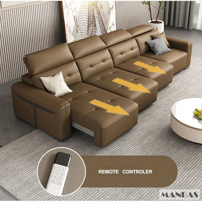 Genuine Leather Electric Convertible Sofa Bed with Adjustable Headrest, Multifunctional Folding Sofa Beds for Cinema Living Room Manwatstore