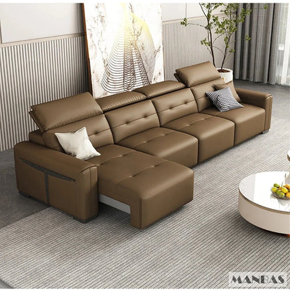 Genuine Leather Electric Convertible Sofa Bed with Adjustable Headrest, Multifunctional Folding Sofa Beds for Cinema Living Room Manwatstore