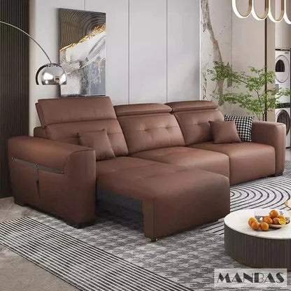 Genuine Leather Electric Convertible Sofa Bed with Adjustable Headrest, Multifunctional Folding Sofa Beds for Cinema Living Room Manwatstore