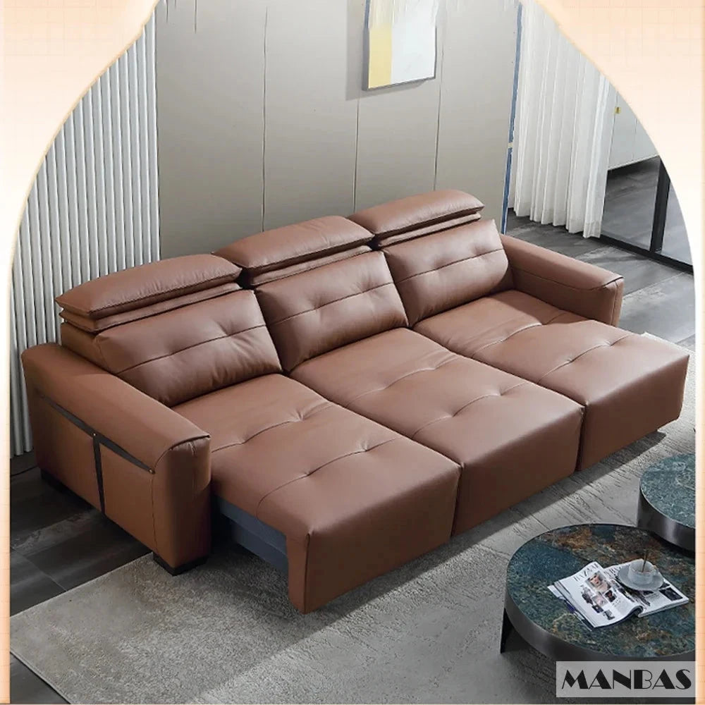 Genuine Leather Electric Convertible Sofa Bed with Adjustable Headrest, Multifunctional Folding Sofa Beds for Cinema Living Room Manwatstore