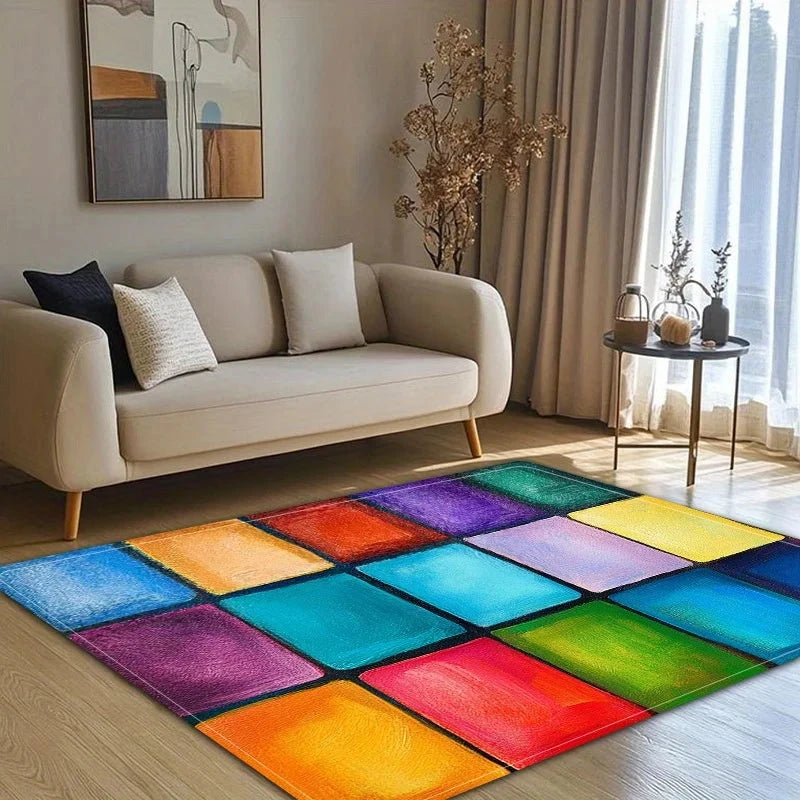 Geometric Rainbow Area Rug Colorful Modern Boho Living Room Mat Home Decoration Piece Vibrant Pop Art Carpet for Indoor Playroom Manwatstore
