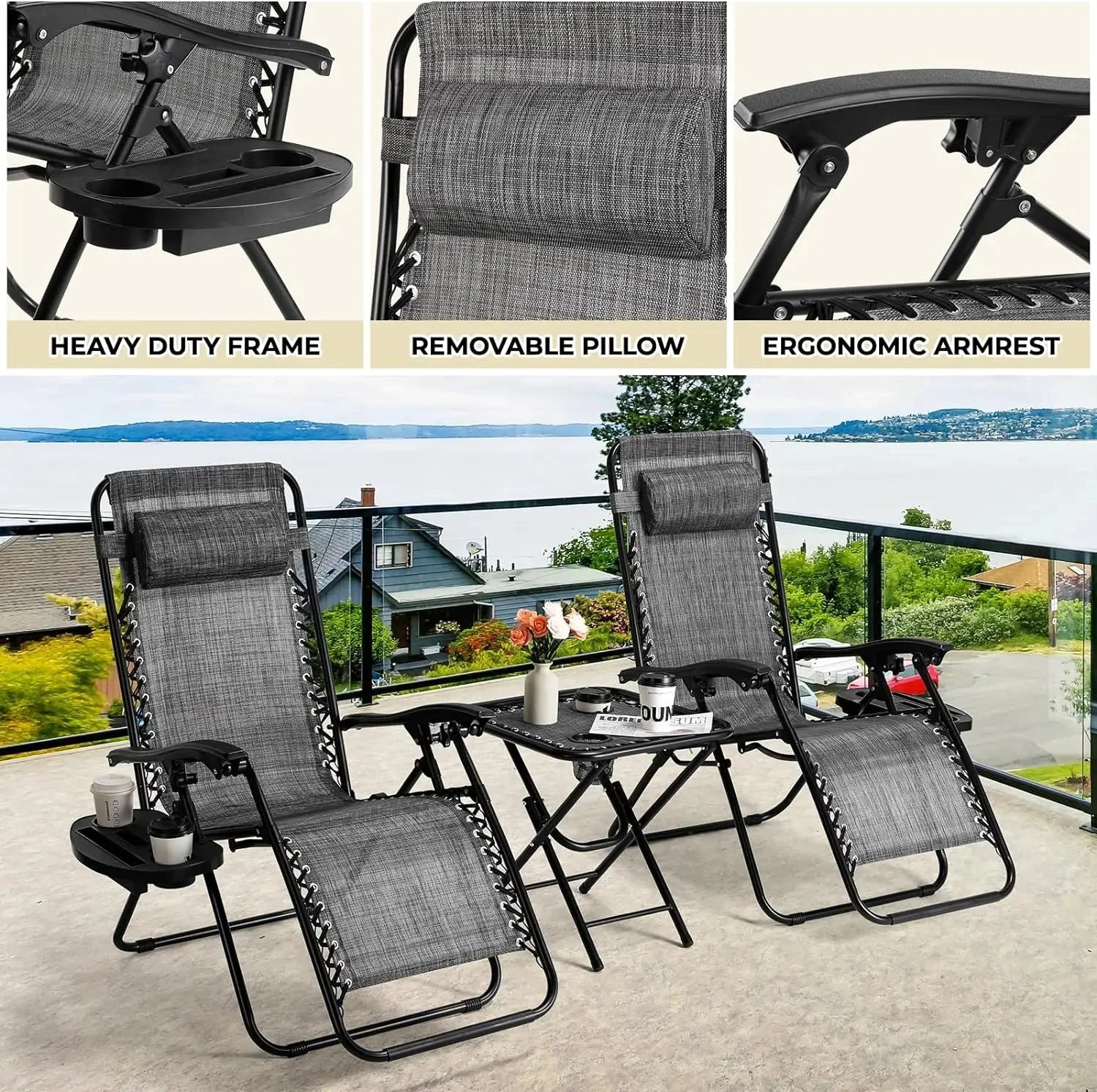 Homfa Garden Sun Lounger Set with Table Folding Adjustable Zero Gravity Recliner Chair Seat Indoor/Outdoor Manwatstore