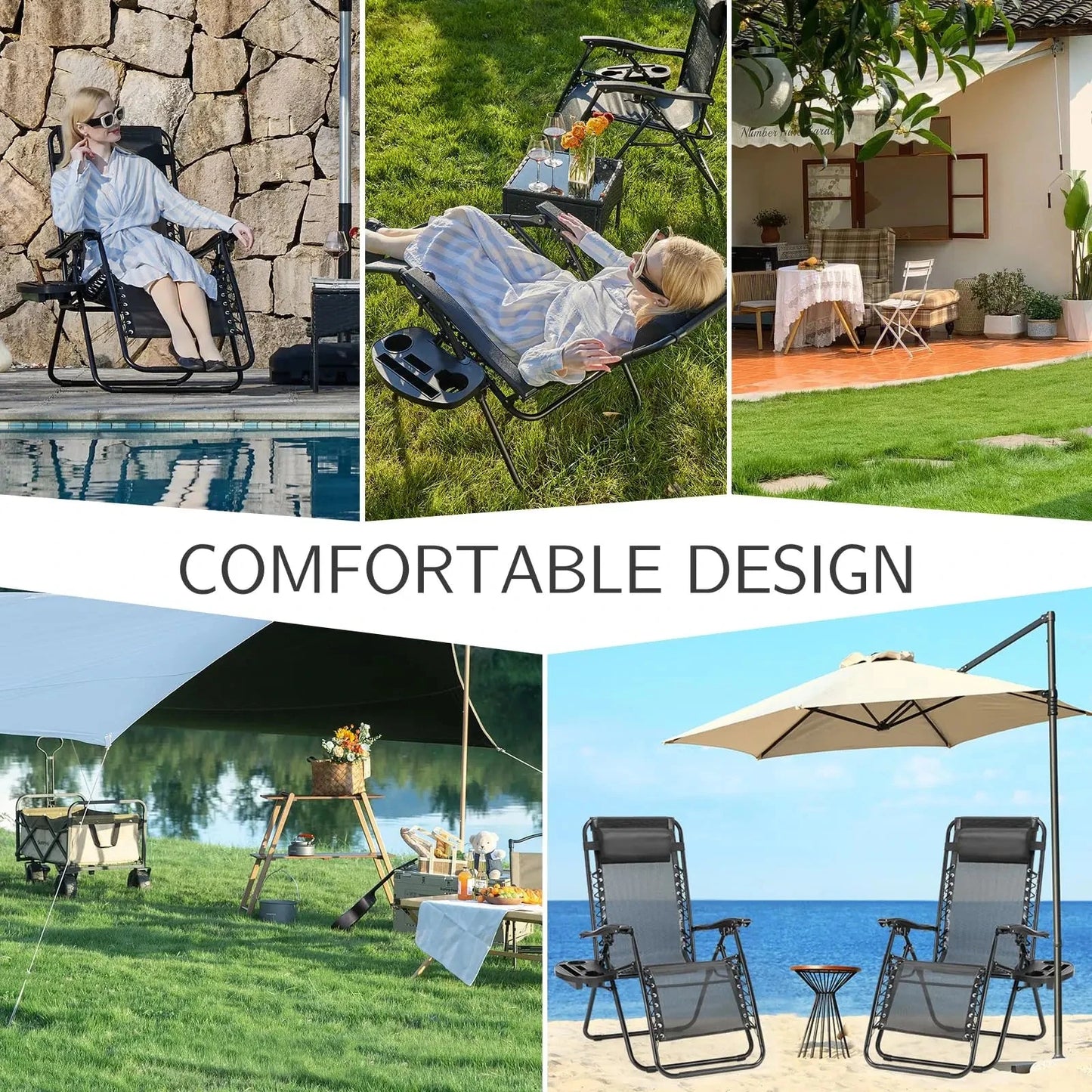 JHK Zero Gravity Set of 2 Portable Recliner Camping Patio Outdoor Garden Lounge Chair with Cup Holder Trays Adjustable Pillow Manwatstore