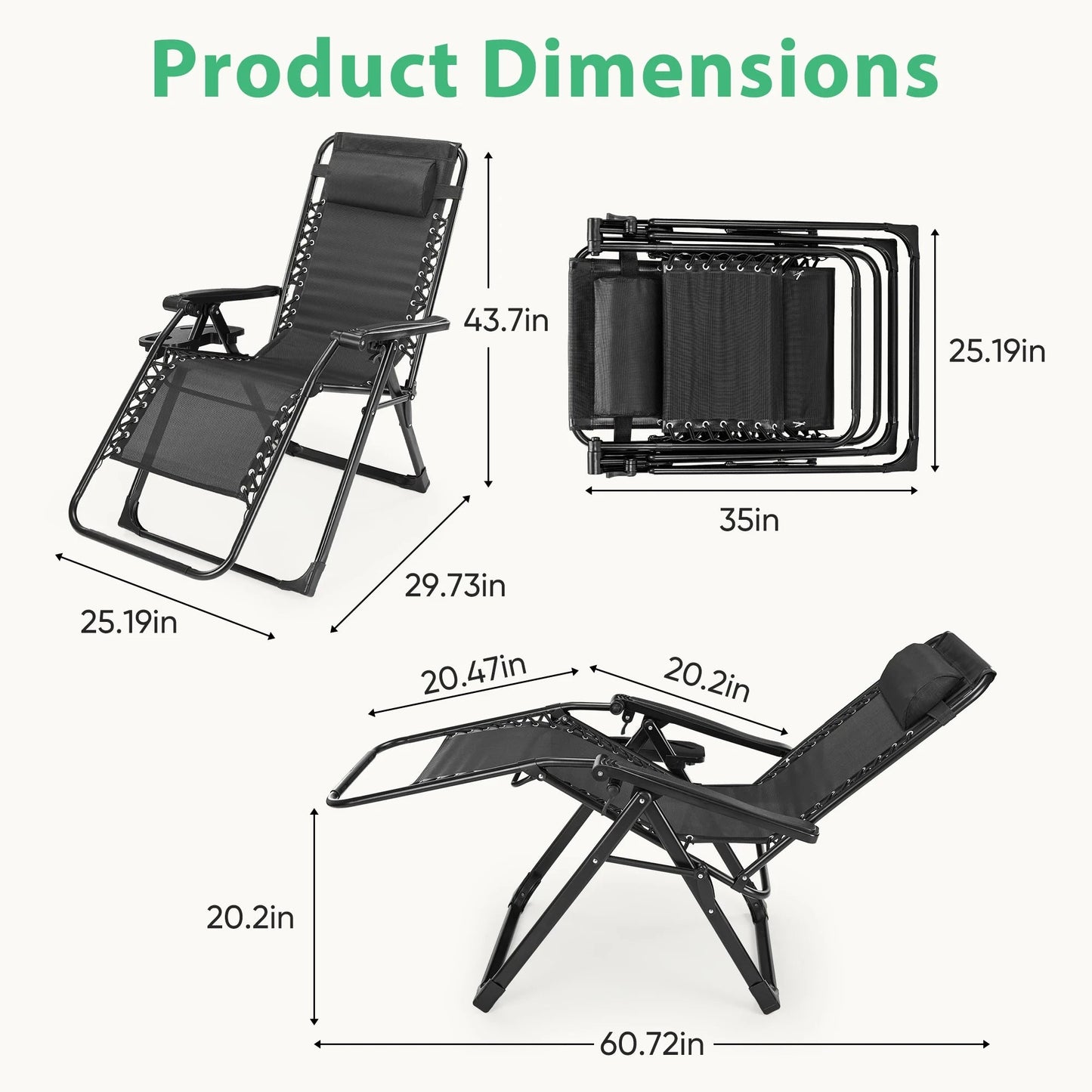 JHK Zero Gravity Set of 2 Portable Recliner Camping Patio Outdoor Garden Lounge Chair with Cup Holder Trays Adjustable Pillow Manwatstore