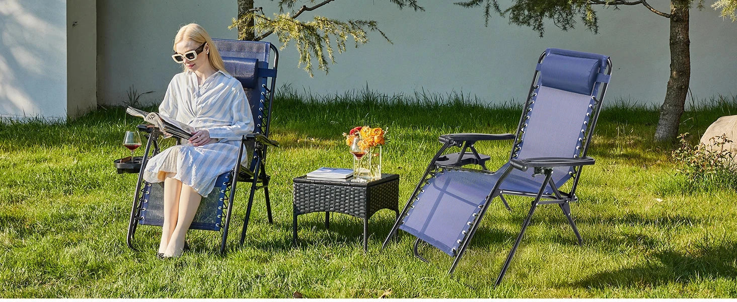 JHK Zero Gravity Set of 2 Portable Recliner Camping Patio Outdoor Garden Lounge Chair with Cup Holder Trays Adjustable Pillow Manwatstore