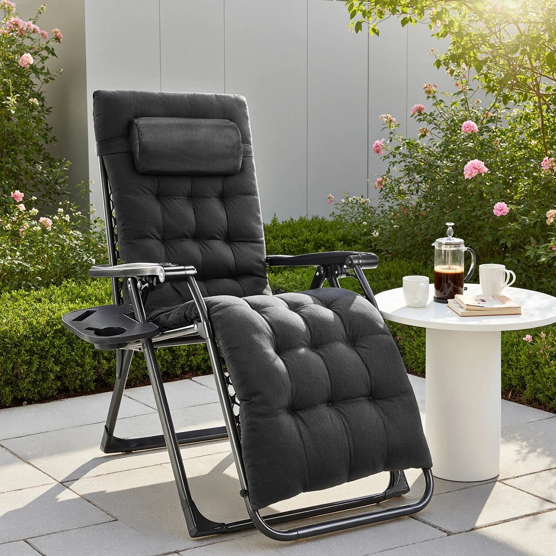 JHK Zero Gravity Set of 2 Portable Recliner Camping Patio Outdoor Garden Lounge Chair with Cup Holder Trays Adjustable Pillow Manwatstore