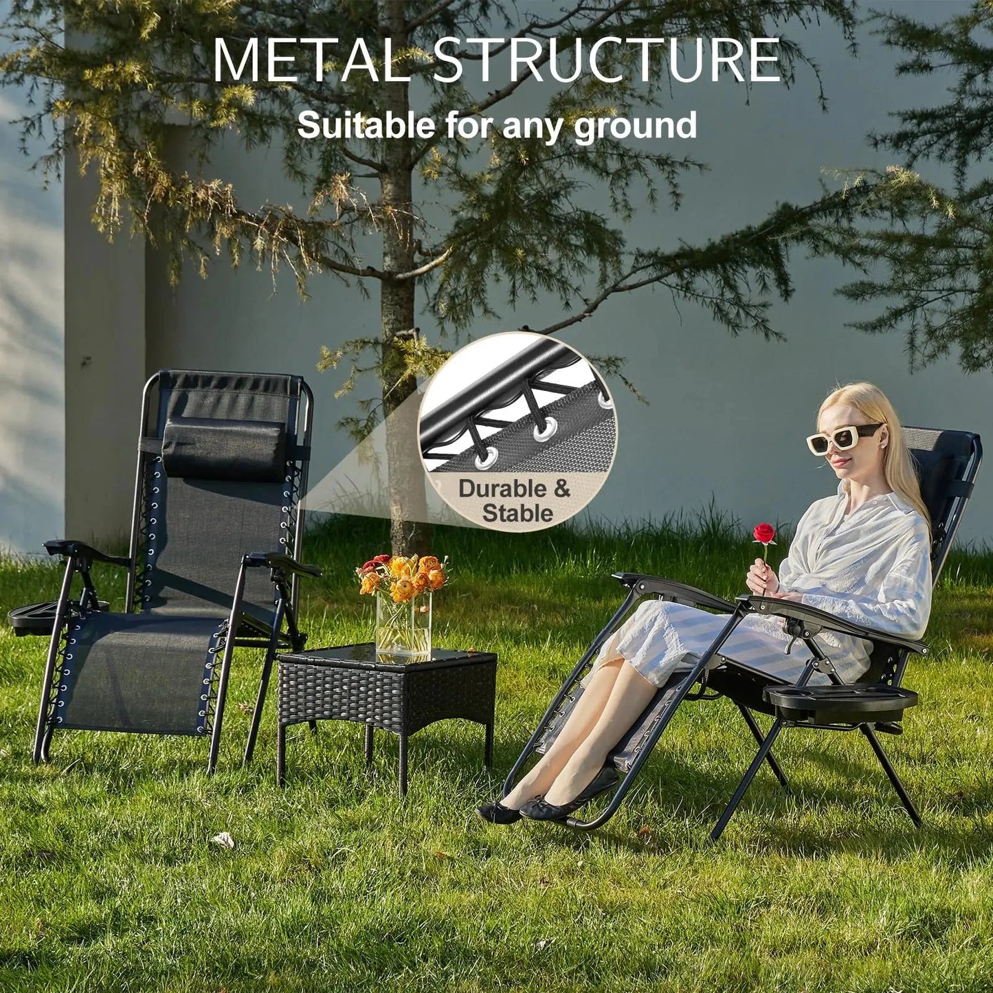 JHK Zero Gravity Set of 2 Portable Recliner Camping Patio Outdoor Garden Lounge Chair with Cup Holder Trays Adjustable Pillow Manwatstore
