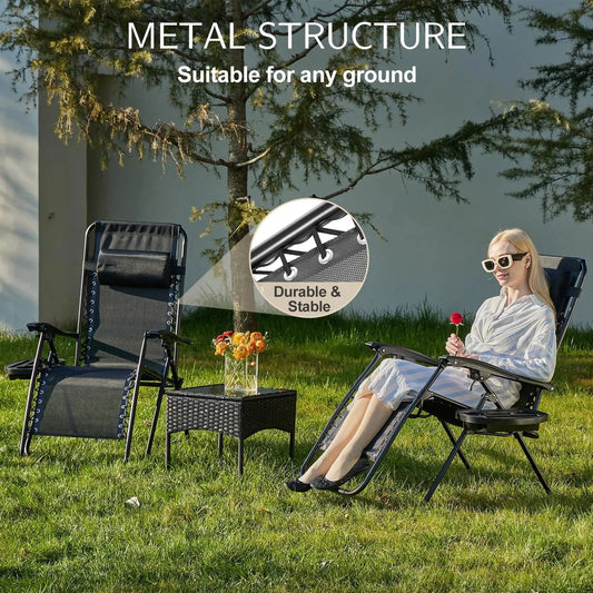 JHK Zero Gravity Set of 2 Portable Recliner Camping Patio Outdoor Garden Lounge Chair with Cup Holder Trays Adjustable Pillow Manwatstore