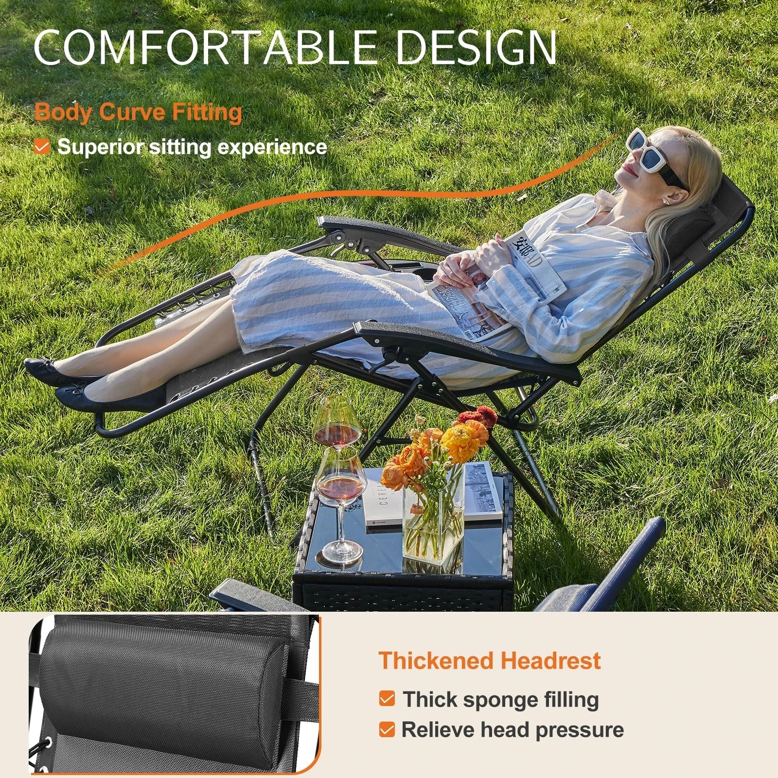 JHK Zero Gravity Set of 2 Portable Recliner Camping Patio Outdoor Garden Lounge Chair with Cup Holder Trays Adjustable Pillow Manwatstore