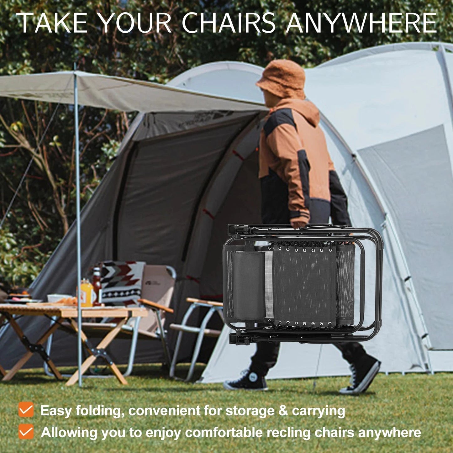 JHK Zero Gravity Set of 2 Portable Recliner Camping Patio Outdoor Garden Lounge Chair with Cup Holder Trays Adjustable Pillow Manwatstore