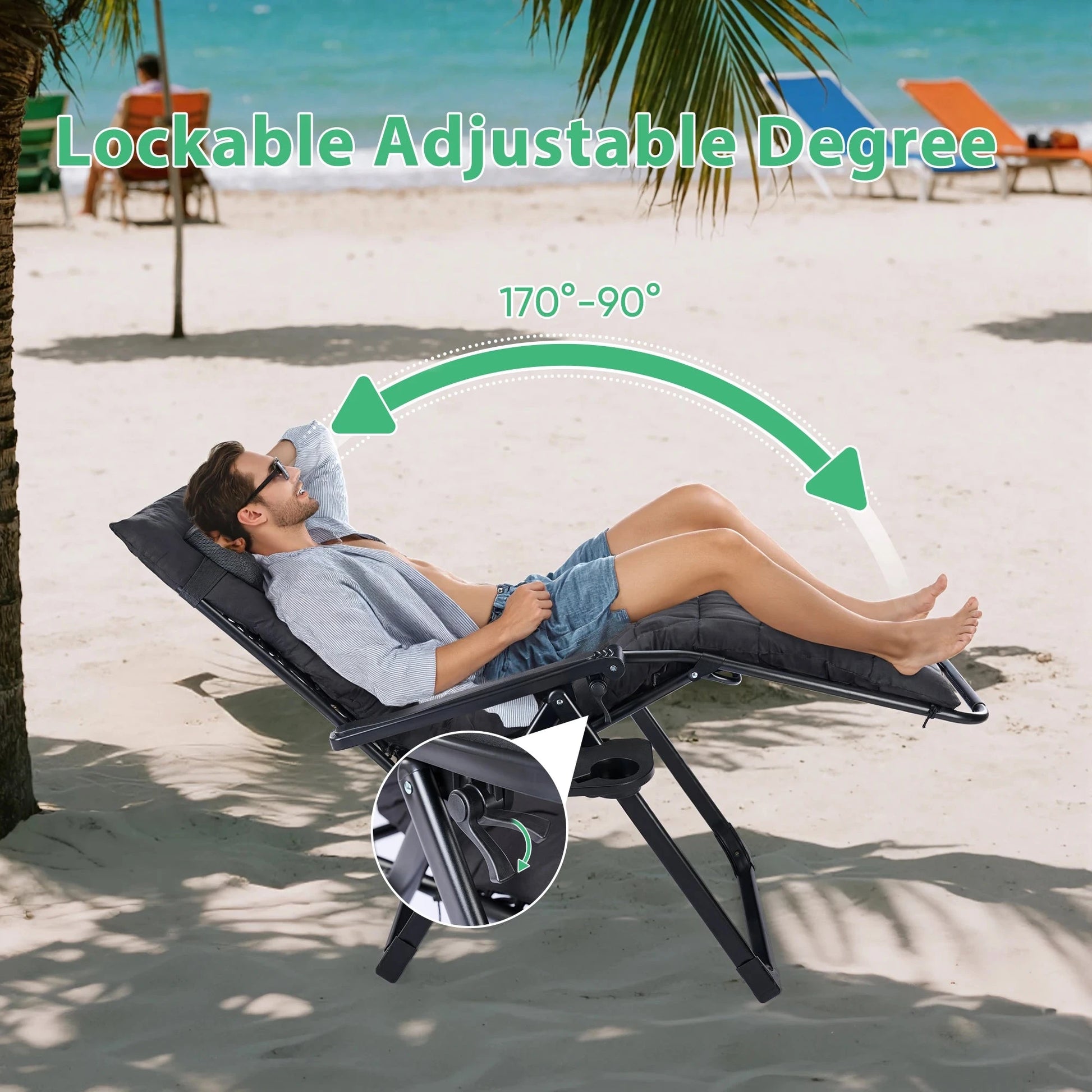 JHK Zero Gravity Set of 2 Portable Recliner Camping Patio Outdoor Garden Lounge Chair with Cup Holder Trays Adjustable Pillow Manwatstore