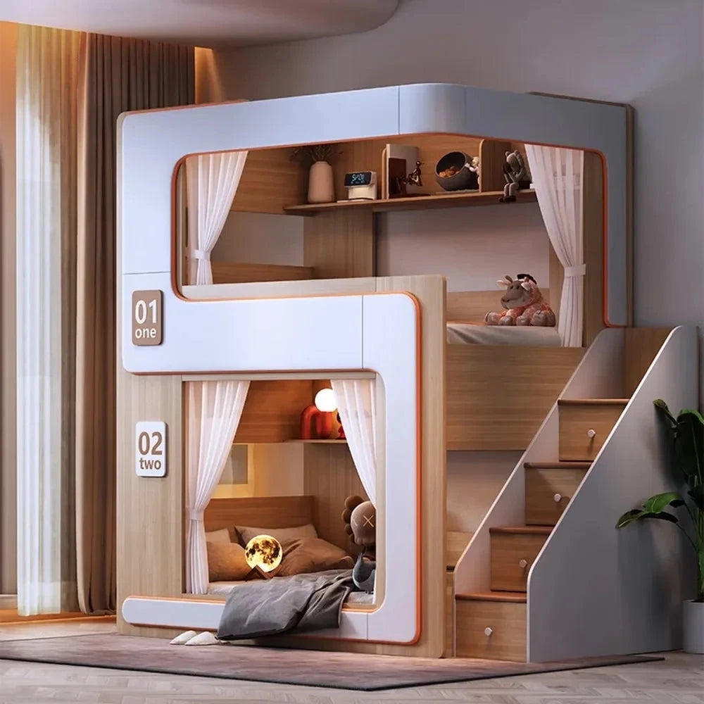 Kids Floating Bunk Bed with Bookshelves &amp; High Guardrail | Twin Loft Bed with Storage Manwatstore