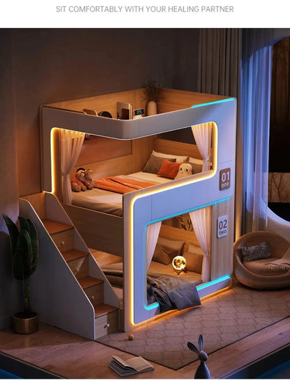 Kids Floating Bunk Bed with Bookshelves &amp; High Guardrail | Twin Loft Bed with Storage Manwatstore