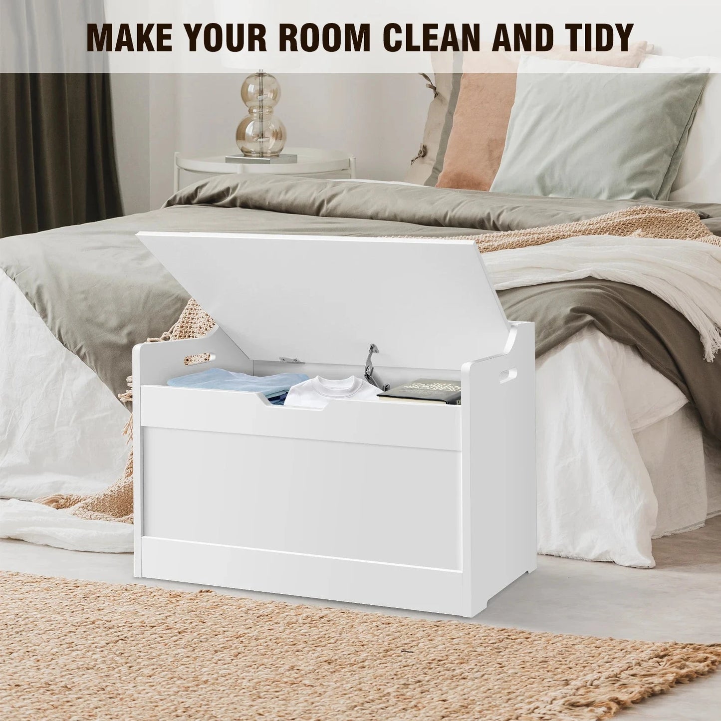 Kids Wooden Toy Storage Organiser – Modern White MDF Chest with Safe-Closing Lid Manwatstore