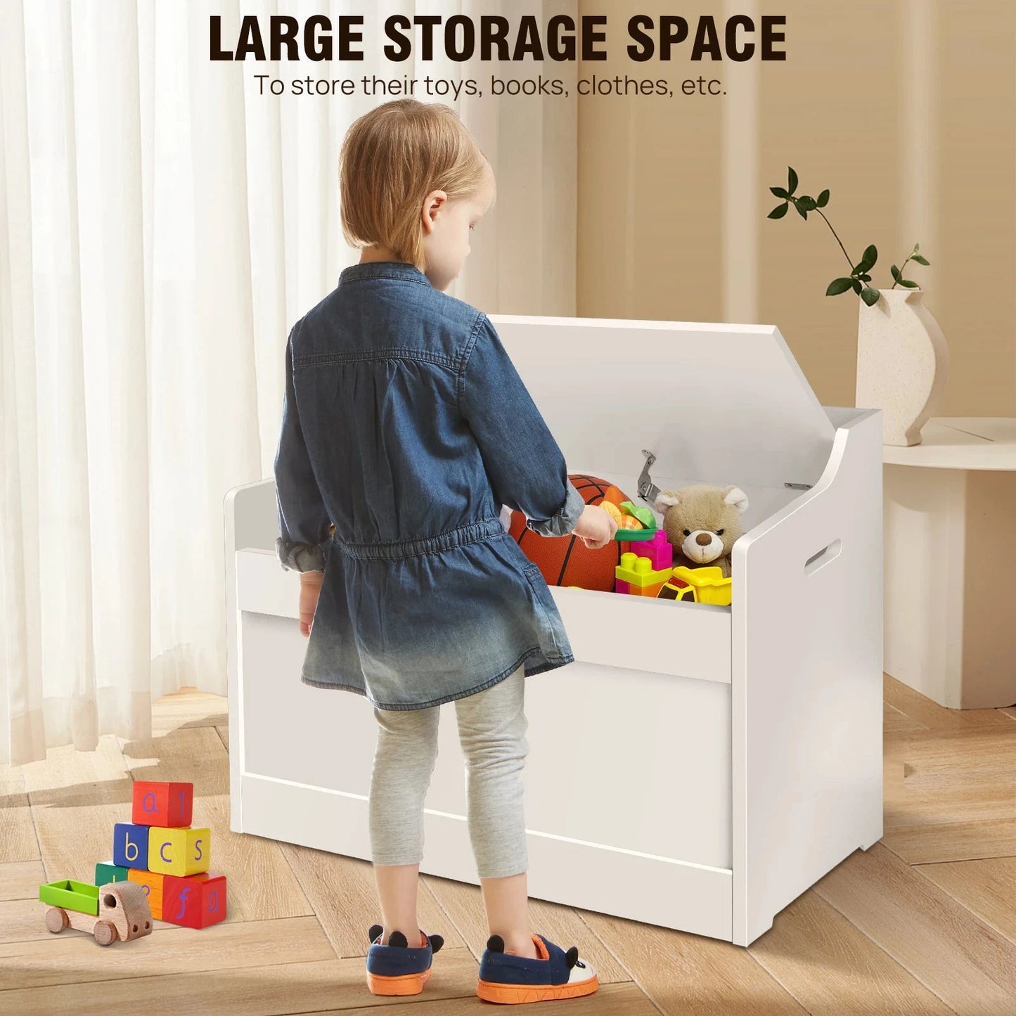 Kids Wooden Toy Storage Organiser – Modern White MDF Chest with Safe-Closing Lid Manwatstore