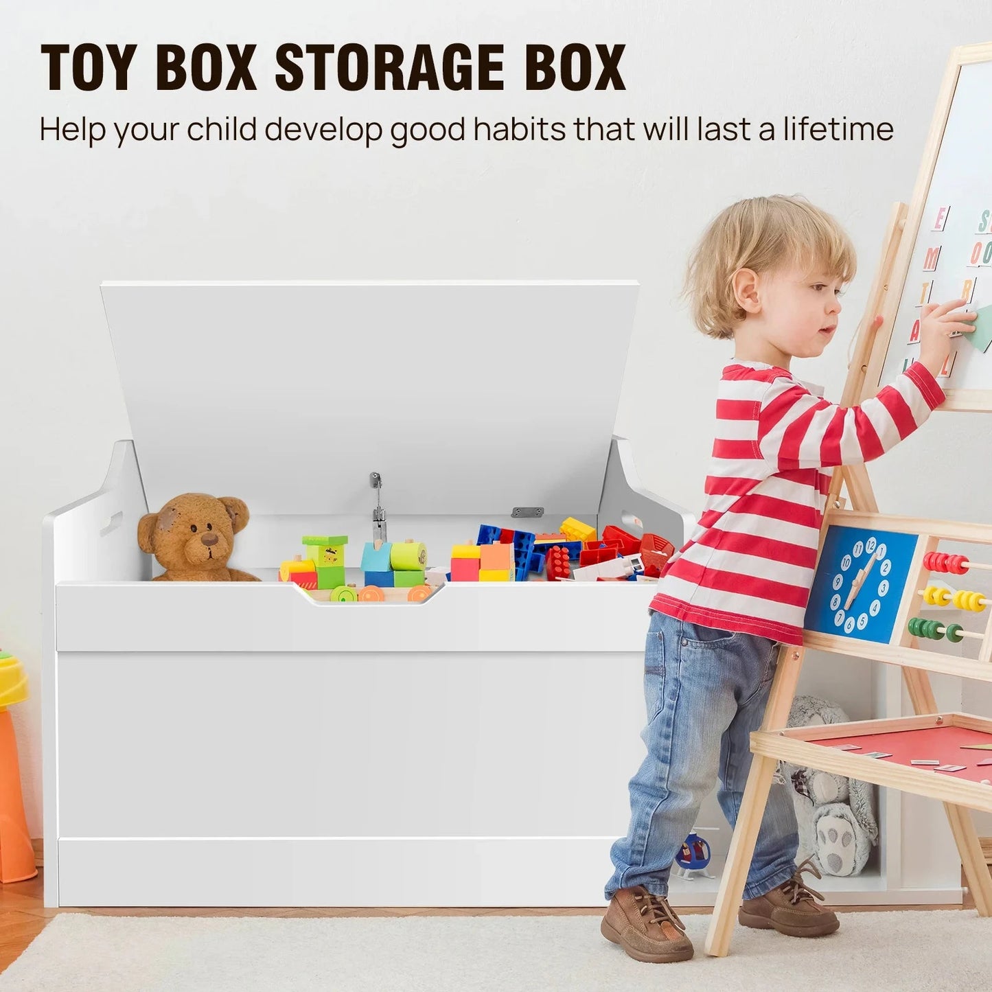 Kids Wooden Toy Storage Organiser – Modern White MDF Chest with Safe-Closing Lid Manwatstore