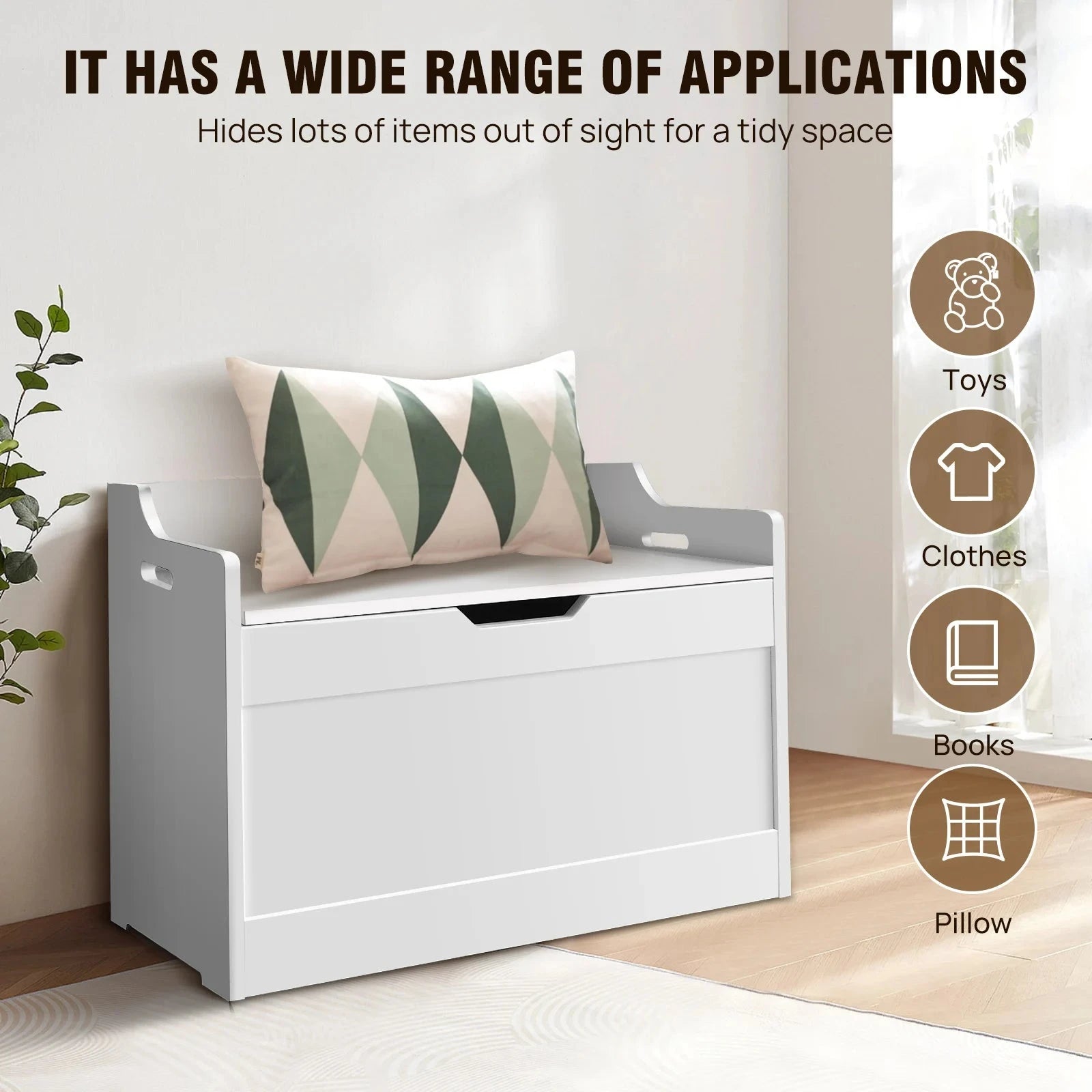 Kids Wooden Toy Storage Organiser – Modern White MDF Chest with Safe-Closing Lid Manwatstore