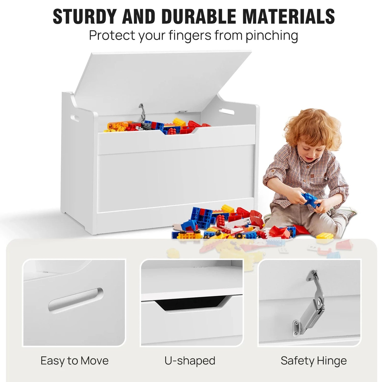 Kids Wooden Toy Storage Organiser – Modern White MDF Chest with Safe-Closing Lid Manwatstore