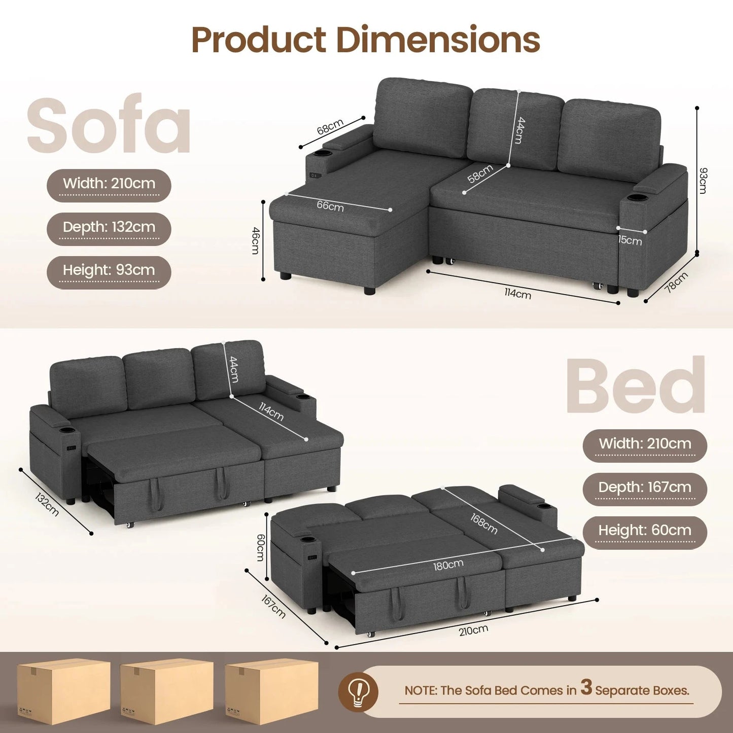 L-Shaped 2-in-1 Convertible Sofa Bed with Pull-Out Sleeper, Storage, USB Ports & Cup Holder Manwatstore