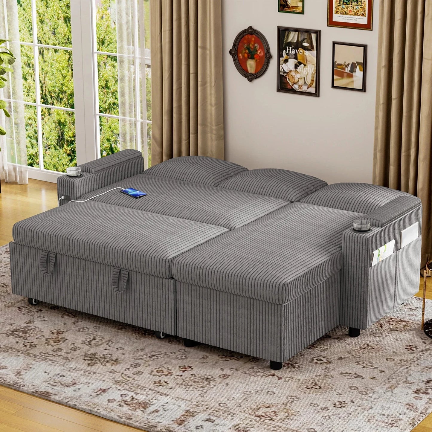 L-Shaped 2-in-1 Convertible Sofa Bed with Pull-Out Sleeper, Storage, USB Ports & Cup Holder Manwatstore