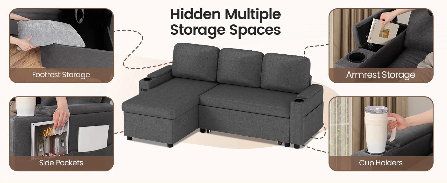 L-Shaped 2-in-1 Convertible Sofa Bed with Pull-Out Sleeper, Storage, USB Ports & Cup Holder Manwatstore
