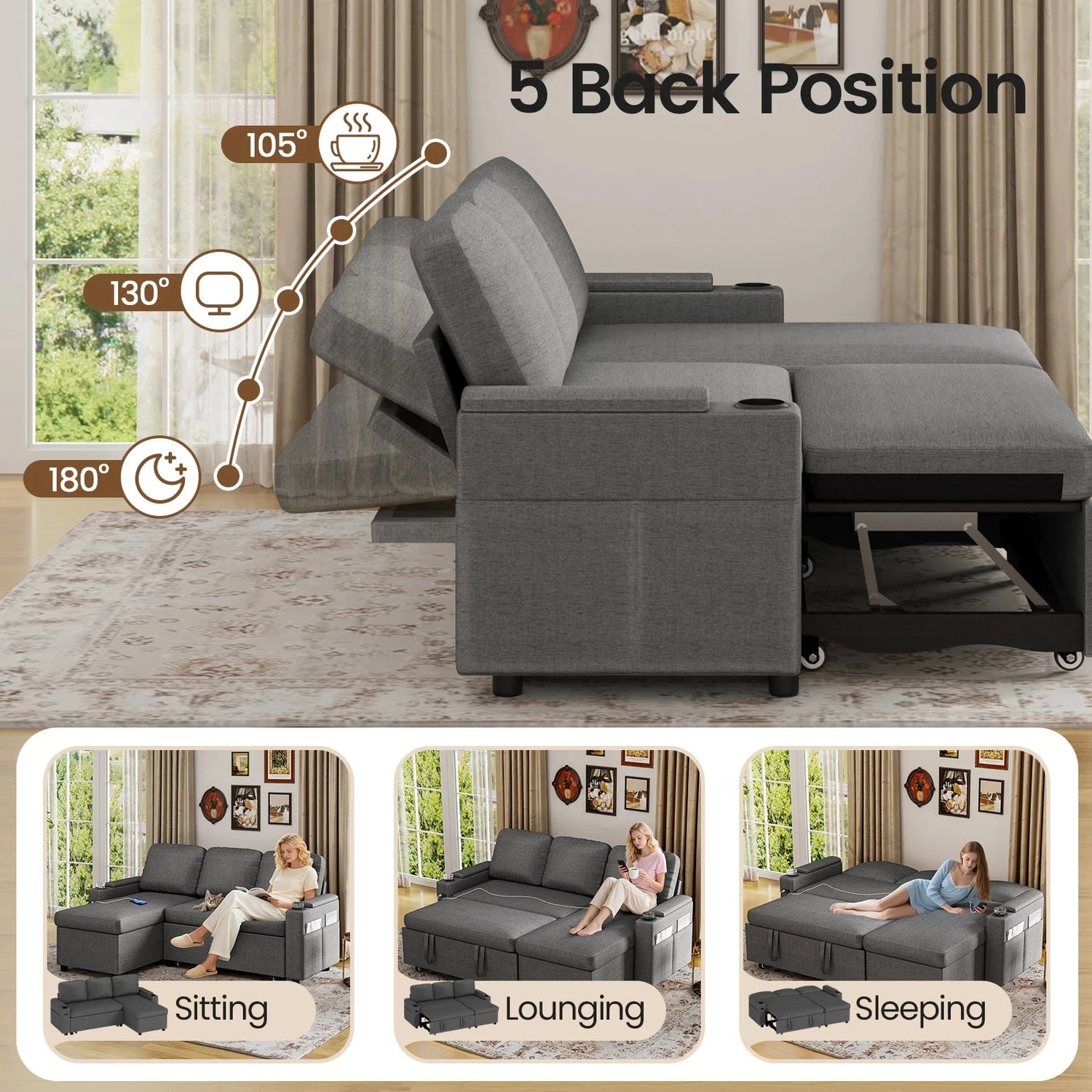 L-Shaped 2-in-1 Convertible Sofa Bed with Pull-Out Sleeper, Storage, USB Ports &amp; Cup Holder Manwatstore