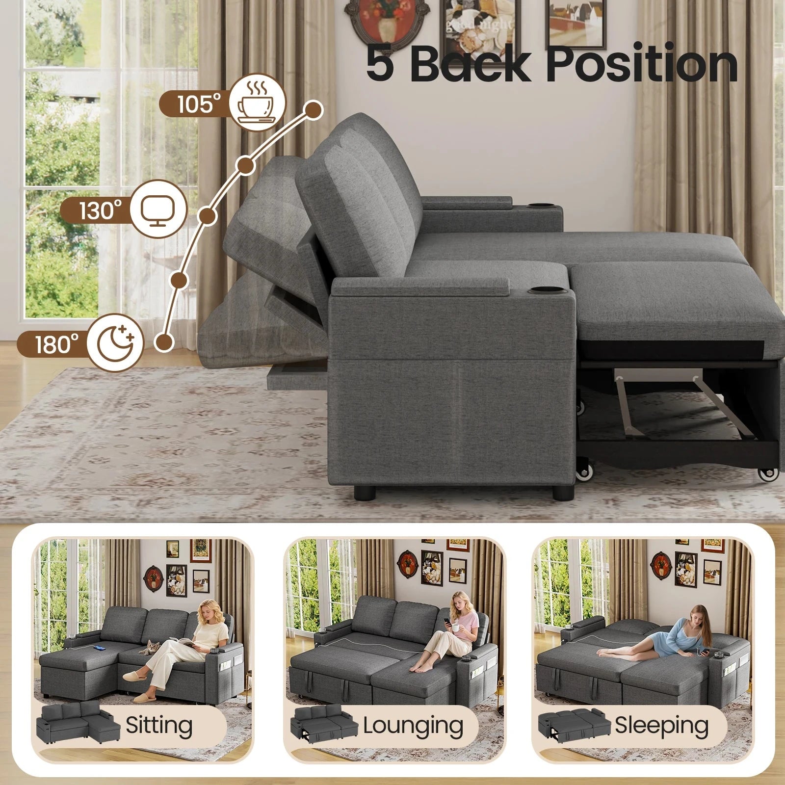 L-Shaped 2-in-1 Convertible Sofa Bed with Pull-Out Sleeper, Storage, USB Ports &amp; Cup Holder Manwatstore