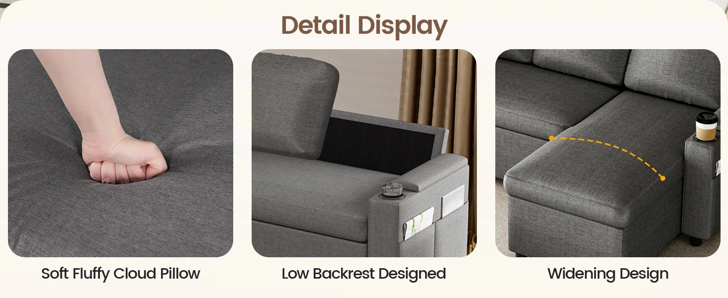 L-Shaped 2-in-1 Convertible Sofa Bed with Pull-Out Sleeper, Storage, USB Ports &amp; Cup Holder Manwatstore