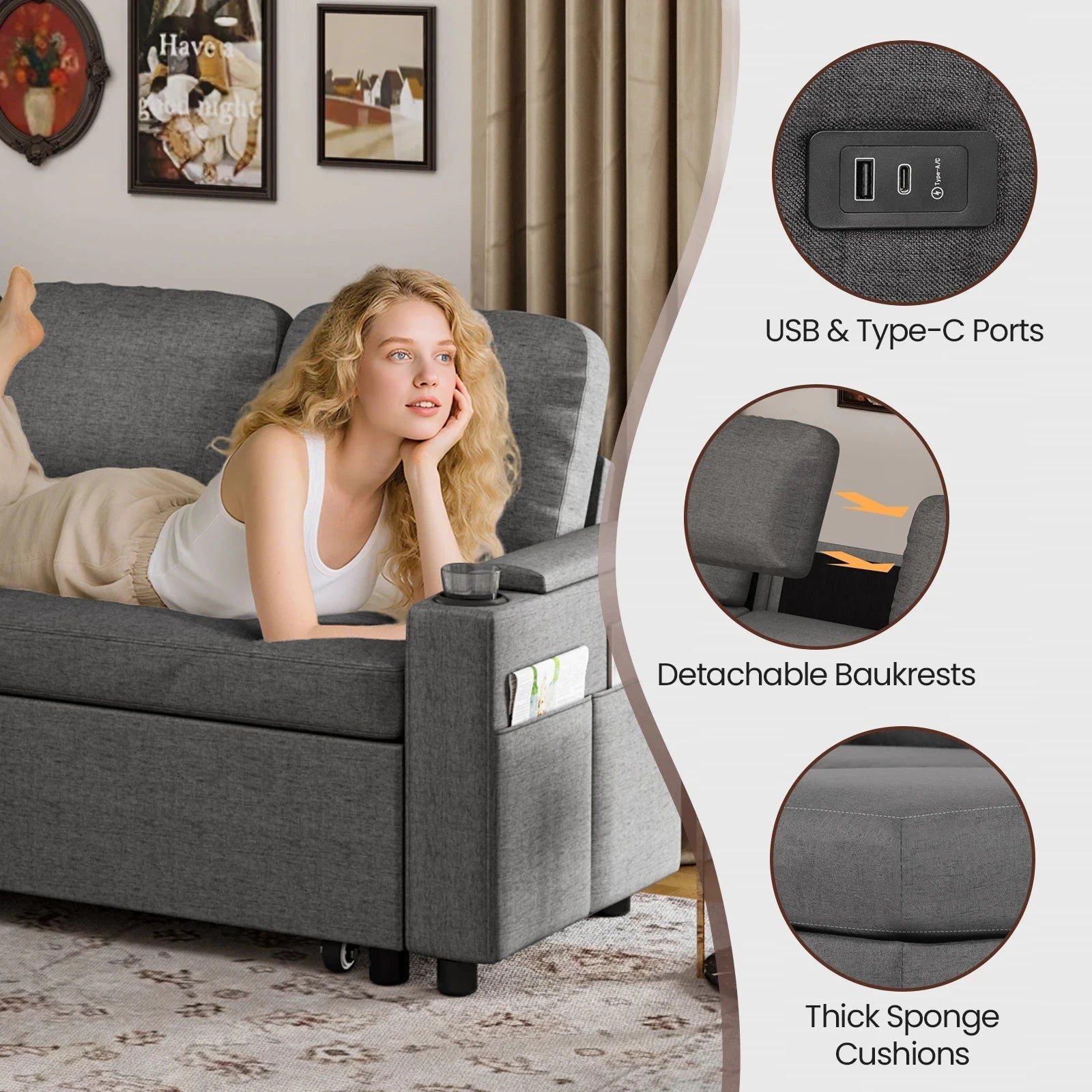 L-Shaped 2-in-1 Convertible Sofa Bed with Pull-Out Sleeper, Storage, USB Ports & Cup Holder Manwatstore