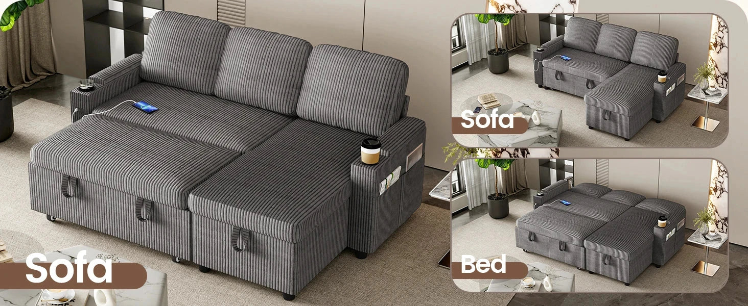 L-Shaped 2-in-1 Convertible Sofa Bed with Pull-Out Sleeper, Storage, USB Ports &amp; Cup Holder Manwatstore