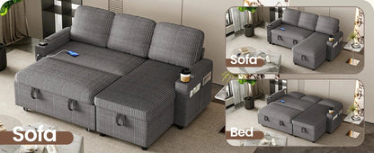 L-Shaped 2-in-1 Convertible Sofa Bed with Pull-Out Sleeper, Storage, USB Ports &amp; Cup Holder Manwatstore